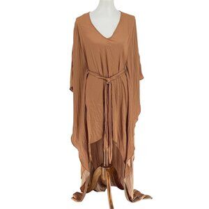 Flowy Tan V-Neck Kaftan Tunic/Dress With Waist Tie By Entry, Medium